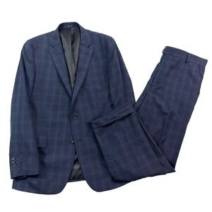 Stafford 40R 36x29 2pc Pant Suit Navy Blue Shadow Plaid Wool Cuffed Modern